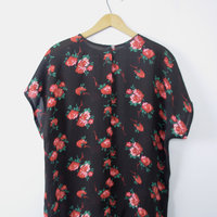 Vintage 80's sheer black top with roses, sheer blouse, size 12 / large