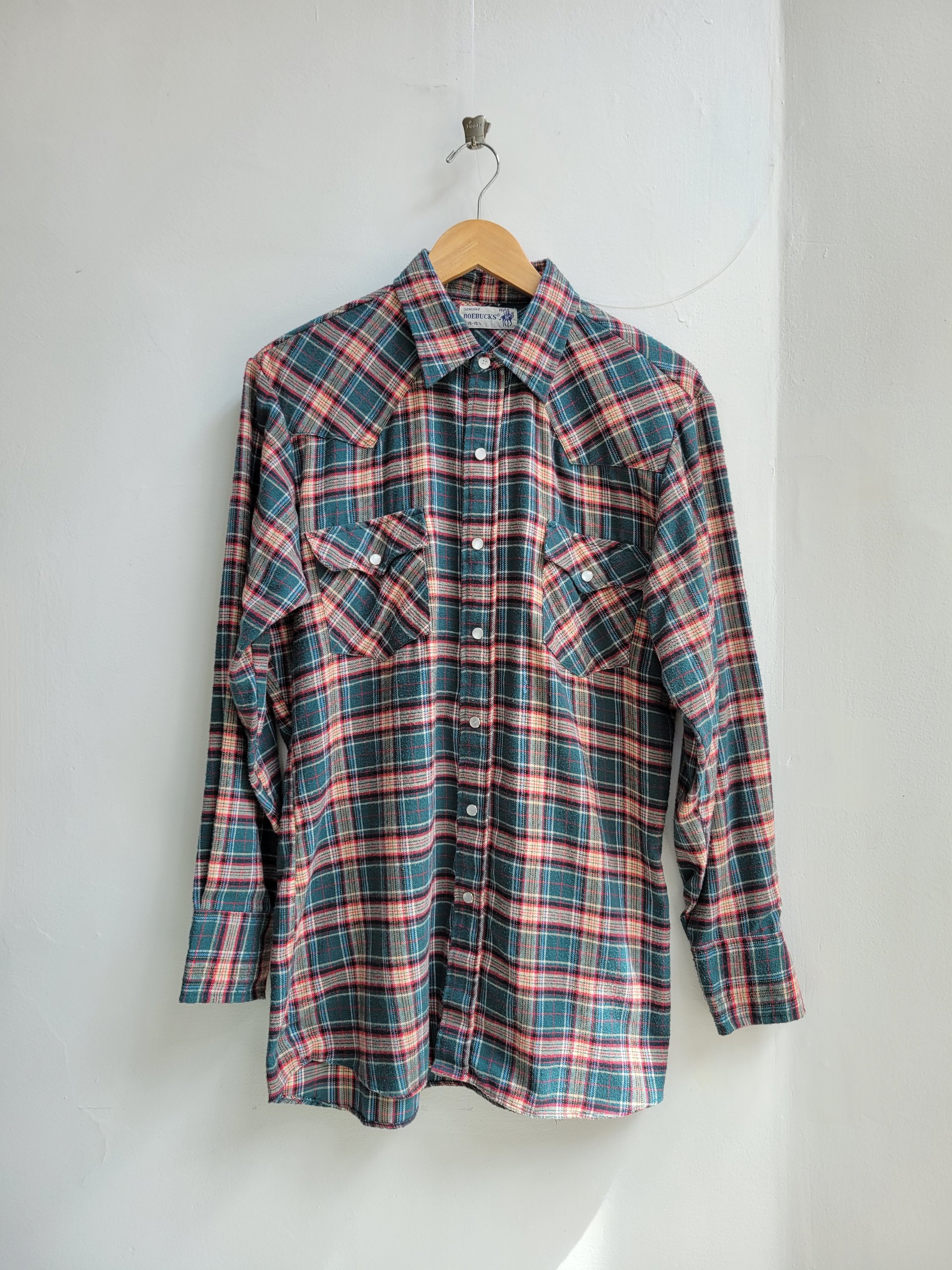 1970 Roebucks plaid flannel button up shirt with pearl snaps, size large
