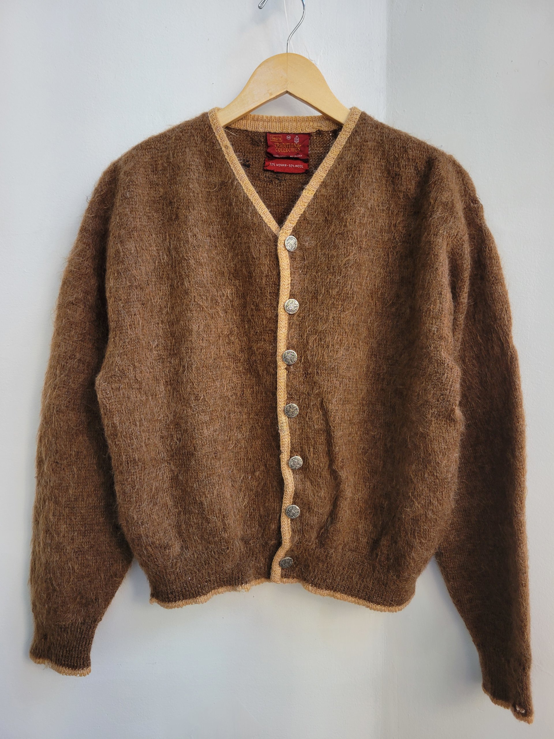 1940 Sears brown shaggy mohair cardigan sweater, medium