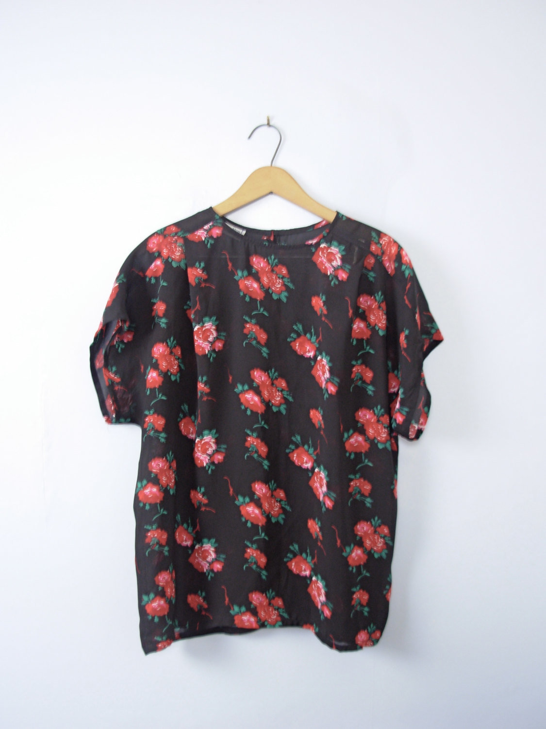 Vintage 80's sheer black top with roses, sheer blouse, size 12 / large