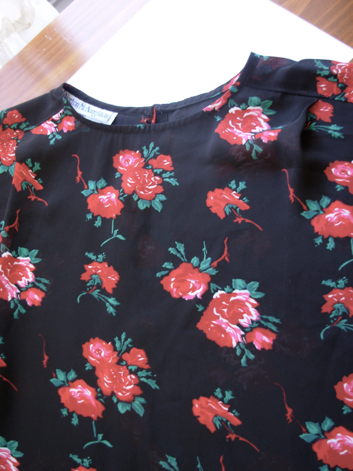 Vintage 80's sheer black top with roses, sheer blouse, size 12 / large