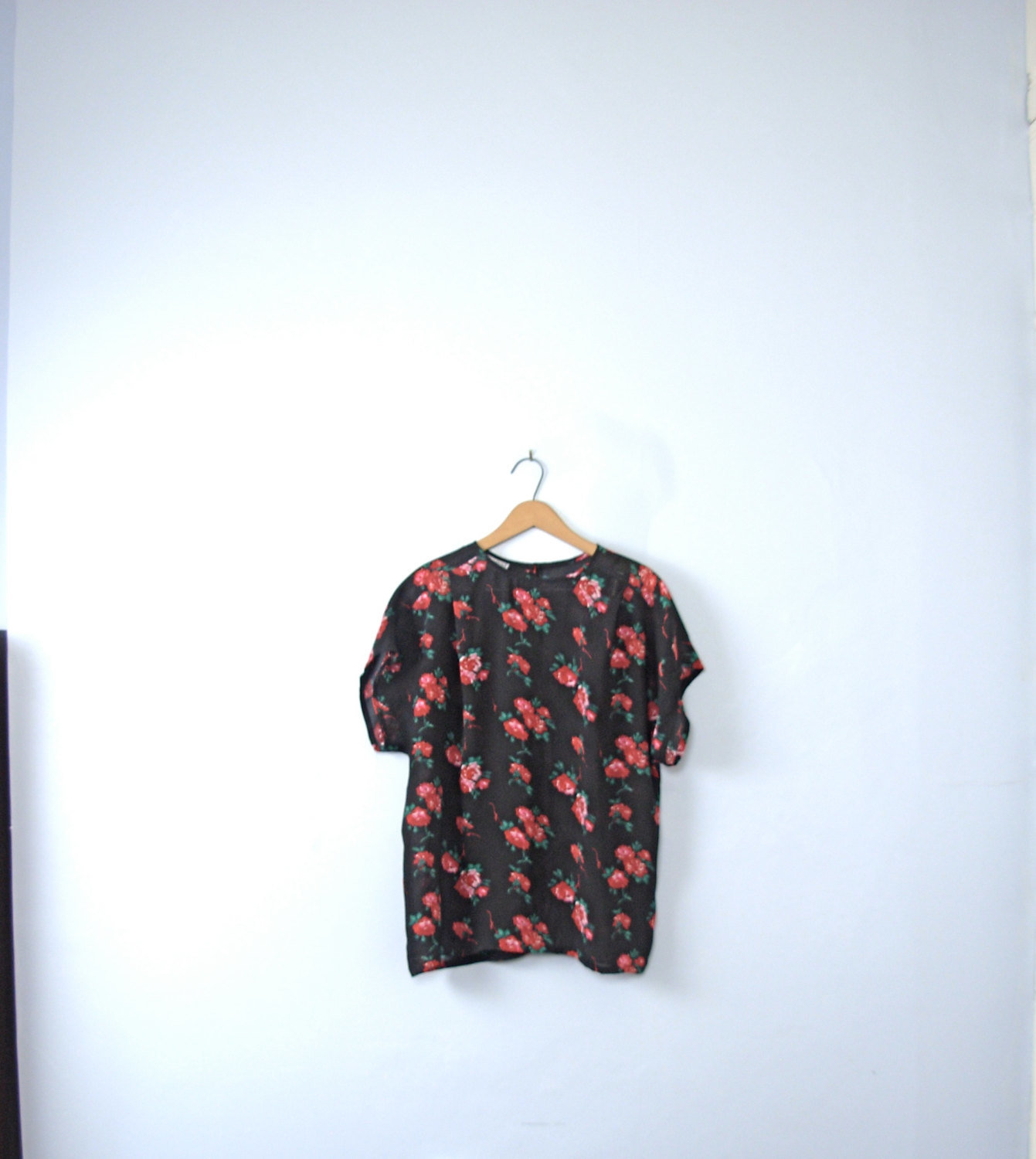 Vintage 80's sheer black top with roses, sheer blouse, size 12 / large