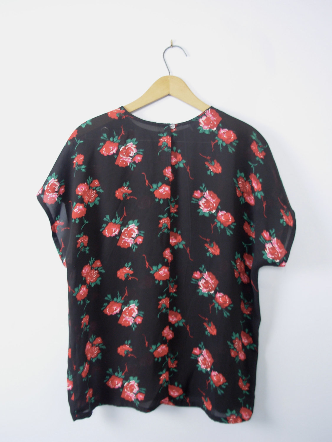 Vintage 80's sheer black top with roses, sheer blouse, size 12 / large