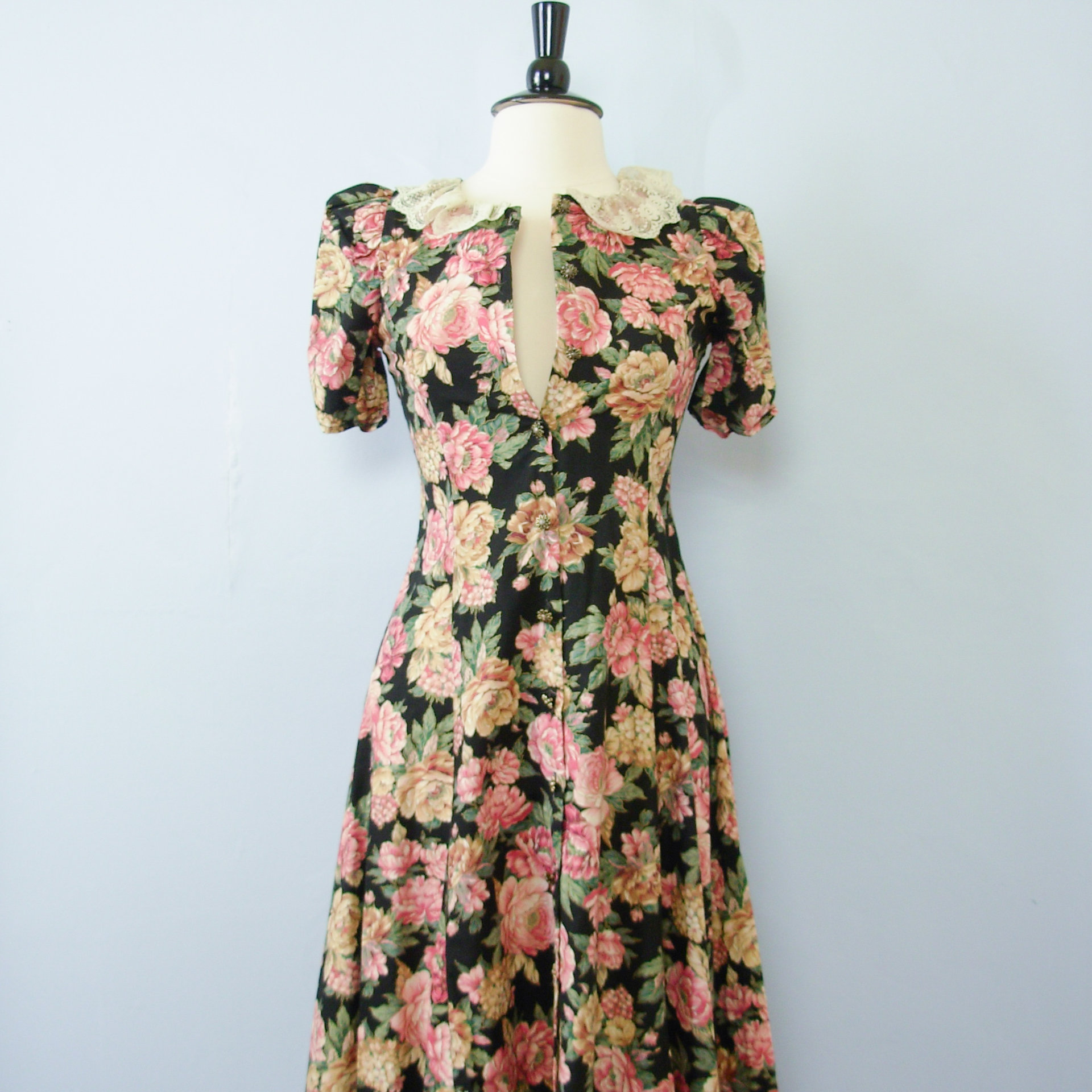 80's floral button up dress, women's size small