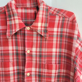 1970 red plaid button up shirt, medium
