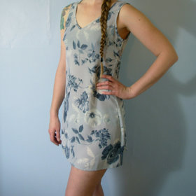 Vintage 90's light blue floral babydoll mini dress, grunge dress, empire waist, size medium