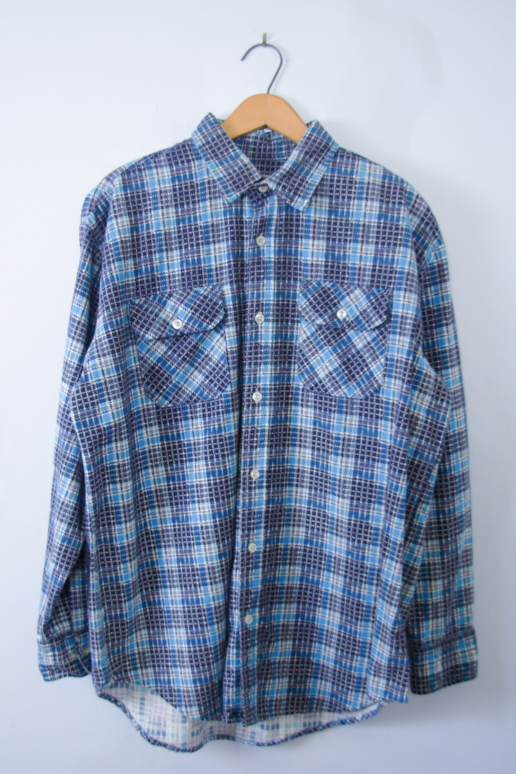 Vintage 80's blue plaid flannel button up shirt, men's size large ...
