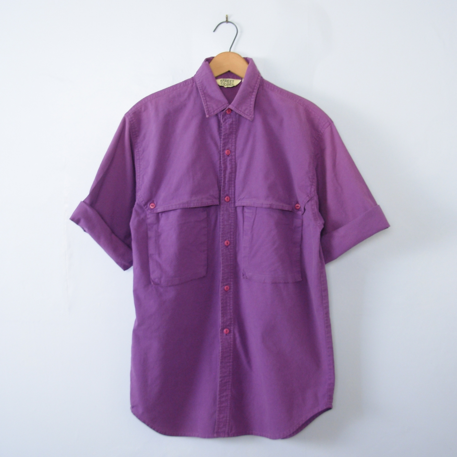 Vintage 90's short sleeved purple button up shirt, men's size small ...