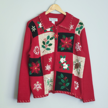 90's poinsettia and holly Christmas cardigan sweater, women's size large