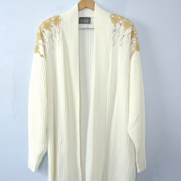 Vintage 80's winter white and gold long cardigan sweater, shoulder pads, size large / medium