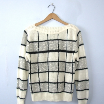 Vintage 80's striped sweater, black and white sweater, checkered sweater, size small