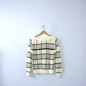 Vintage 80's striped sweater, black and white sweater, checkered sweater, size small