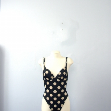 Vintage 80's black polkadot bathing suit / swim suit, high cut one piece, low cut back, size 10 medium