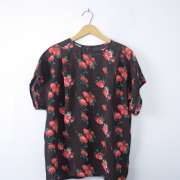 Vintage 80's sheer black top with roses, sheer blouse, size 12 / large