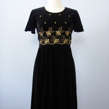 90's black velvet empire waist midi dress, women's medium / 8