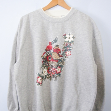 Vintage 90's cute birds Christmas sweatshirt pullover, men's size large