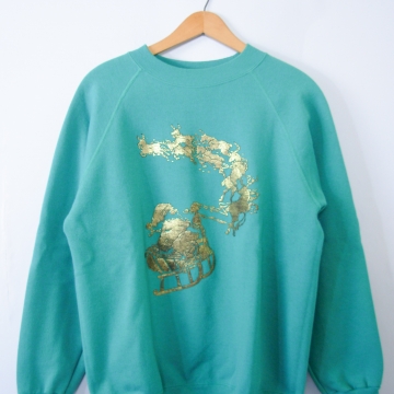 Vintage 80's cute teal Christmas sweatshirt, men's size medium