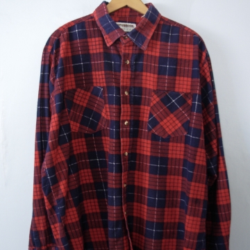 80's red plaid flannel button up shirt, men's XL