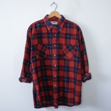 80's red plaid flannel button up shirt, men's XL