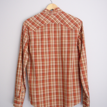 90's Levi's orange plaid pearl snap button up shirt, men's size small