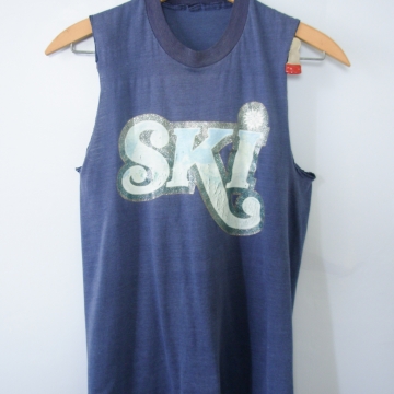 Vintage 70's blue SKI sleeveless shirt, men's size XS