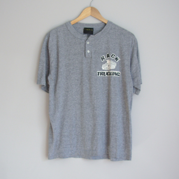 80's Rack Trucking grey henley graphic tee shirt, men's size medium