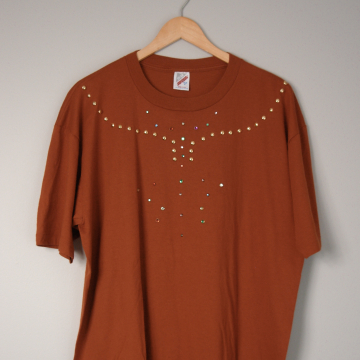 80's rust orange studded and bedazzled tee shirt, size XL