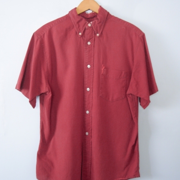 Vintage 50's distressed red short sleeved button up shirt with pocket, men's size medium