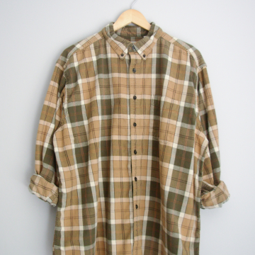 90's LL Bean green plaid button up flannel shirt, men's size XL