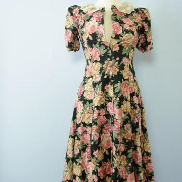 80's floral button up dress, women's size small