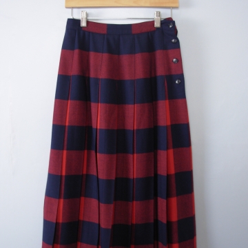 Vintage 80's red and navy plaid pleated wool midi skirt, women's size 10