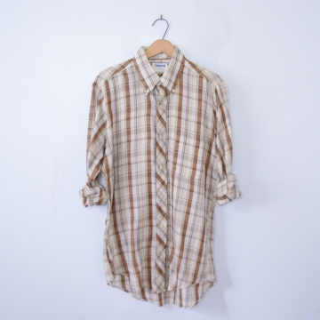 Vintage 70's brown plaid western shirt with pocket, men's size medium