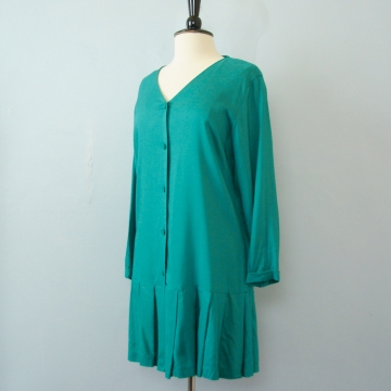 80's teal blue dropped waist pleated dress, women's size medium