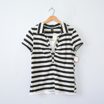 90's black and white striped polo shirt, women's size XL