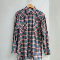 1970 Roebucks plaid flannel button up shirt with pearl snaps, size large
