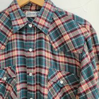 1970 Roebucks plaid flannel button up shirt with pearl snaps, size large