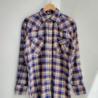 1970 Roebucks plaid flannel button up shirt with pearl snaps, size medium