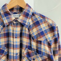 1970 Roebucks plaid flannel button up shirt with pearl snaps, size medium