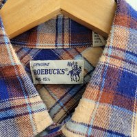 1970 Roebucks plaid flannel button up shirt with pearl snaps, size medium