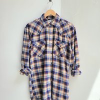 1970 Roebucks plaid flannel button up shirt with pearl snaps, size medium