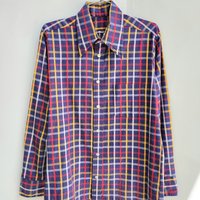 1970 blue plaid button up shirt, medium