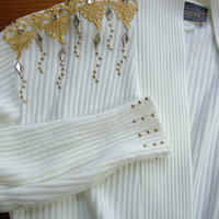 Vintage 80's winter white and gold long cardigan sweater, shoulder pads, size large / medium