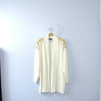Vintage 80's winter white and gold long cardigan sweater, shoulder pads, size large / medium