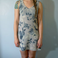 Vintage 90's light blue floral babydoll mini dress, grunge dress, empire waist, size medium