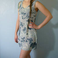 Vintage 90's light blue floral babydoll mini dress, grunge dress, empire waist, size medium