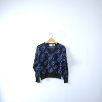 Vintage 80's dark navy sweater with metallic blue paisley designs, crop top, size medium M