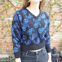 Vintage 80's dark navy sweater with metallic blue paisley designs, crop top, size medium M