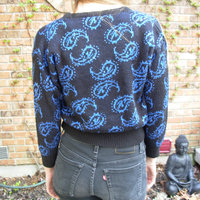 Vintage 80's dark navy sweater with metallic blue paisley designs, crop top, size medium M