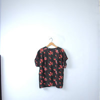 Vintage 80's sheer black top with roses, sheer blouse, size 12 / large