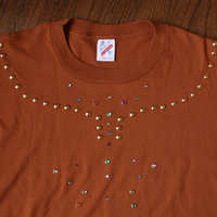 80's rust orange studded and bedazzled tee shirt, size XL
